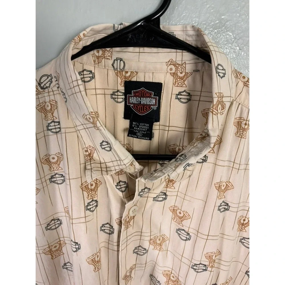 Harley Davidson Button Down Shirt Mens XL Beige All Over Print Short Sleeve - Picture 2 of 5